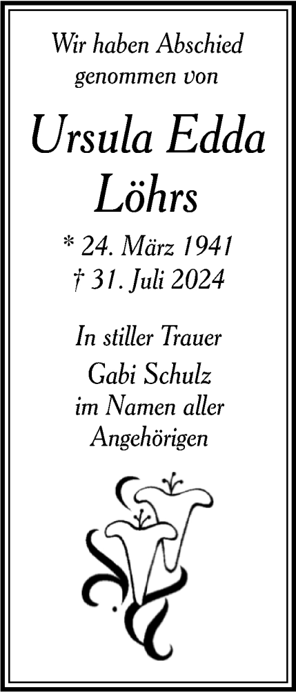 Traueranzeige von Ursula Edda Löhrs von Trauerkombi Quedlinburg