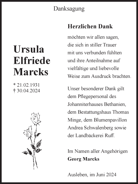 Traueranzeige von Ursula Elfriede Marcks von Volksstimme Oschersleben/Wanzleben