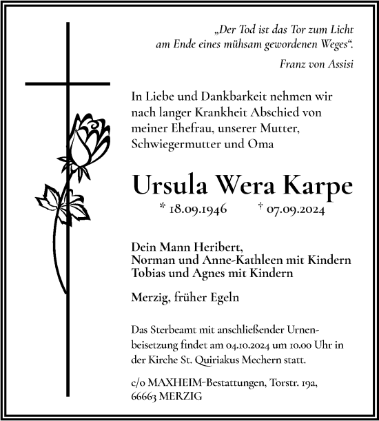Traueranzeige von Ursula Wera Karpe von Volksstimme Staßfurt
