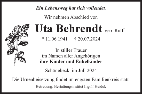 Traueranzeige von Uta Behrendt von Volksstimme Schönebeck