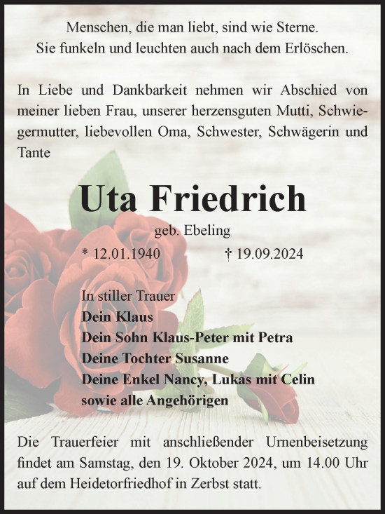 Traueranzeige von Uta Friedrich von Volksstimme Zerbst
