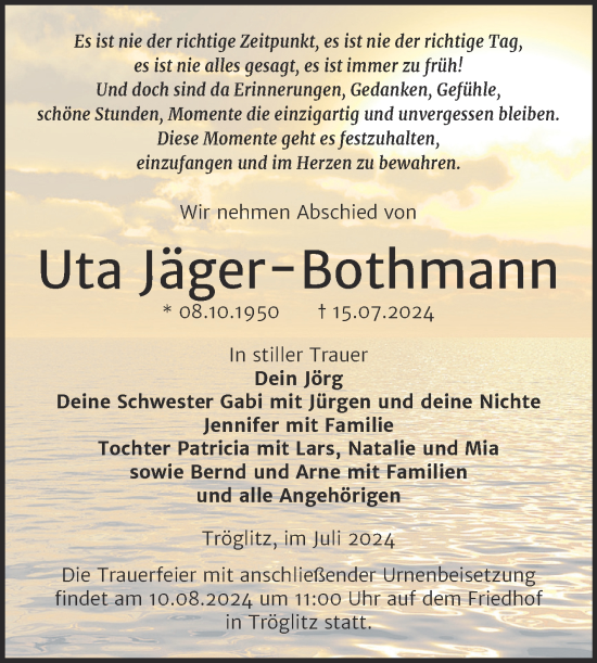 Traueranzeige von Uta Jäger-Bothmann von Trauerkombi Zeitz