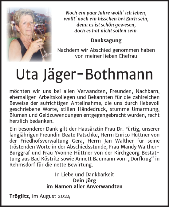 Traueranzeige von Uta Jäger-Bothmann von Trauerkombi Zeitz