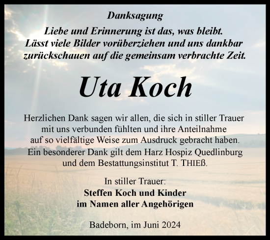 Traueranzeige von Uta Koch von Trauerkombi Quedlinburg