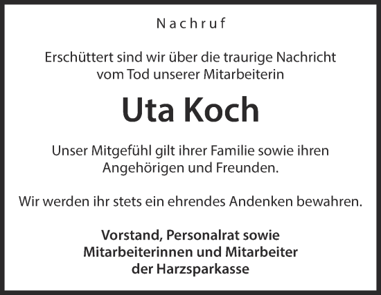 Traueranzeige von Uta Koch von Mitteldeutsche Zeitung Quedlingburg