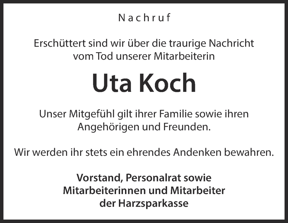  Traueranzeige für Uta Koch vom 05.06.2024 aus Mitteldeutsche Zeitung Quedlingburg