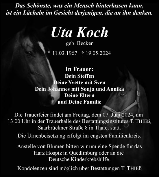 Traueranzeige von Uta Koch von Trauerkombi Quedlinburg