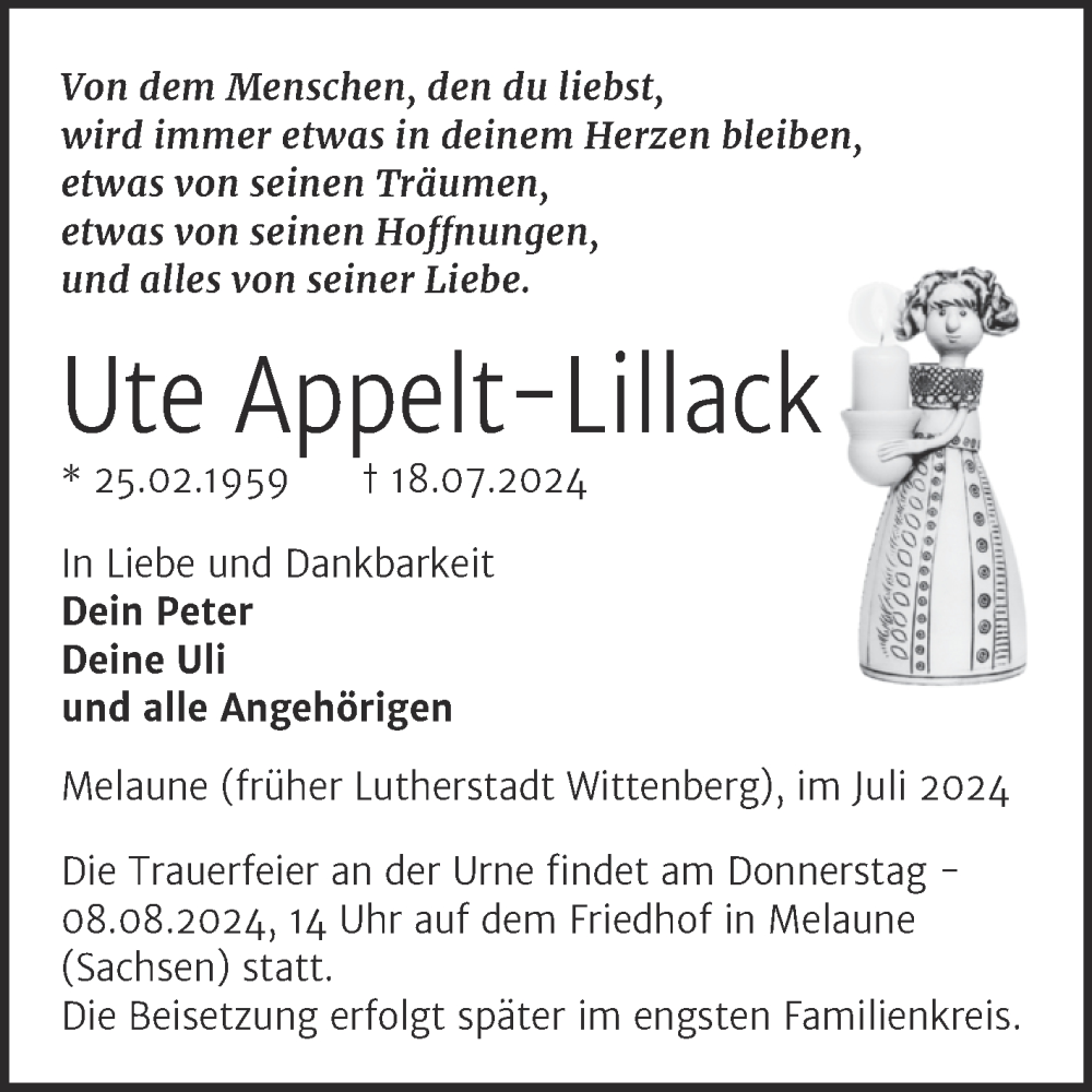  Traueranzeige für Ute Appelt-Lillack vom 27.07.2024 aus Super Sonntag Wittenberg