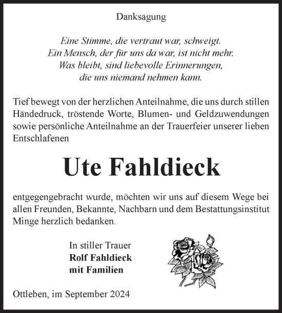 Traueranzeige von Ute Fahldieck von Volksstimme Oschersleben/Wanzleben
