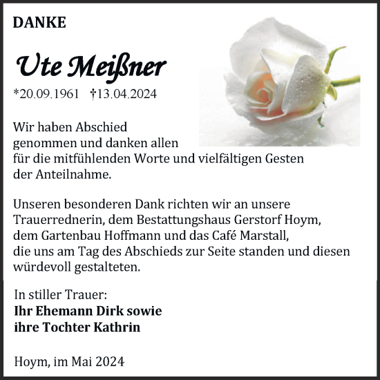 Traueranzeige von Ute Meißner von Trauerkombi Aschersleben