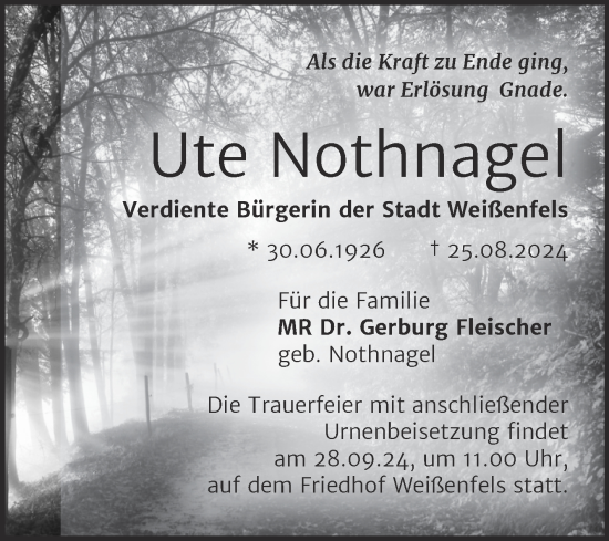 Traueranzeige von Ute Nothnagel von Trauerkombi Weißenfels