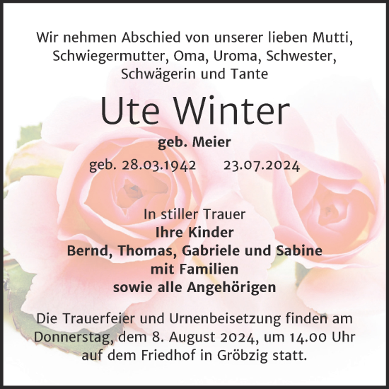 Traueranzeige von Ute Winter von Trauerkombi Köthen