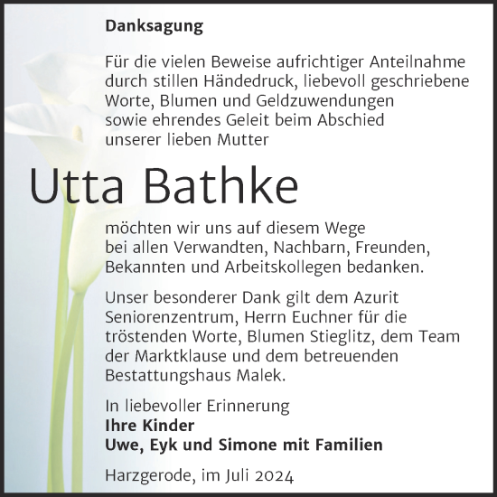 Traueranzeige von Utta Bathke von Trauerkombi Quedlinburg