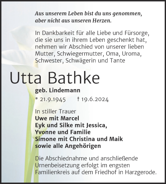 Traueranzeige von Utta Bathke von Trauerkombi Quedlinburg