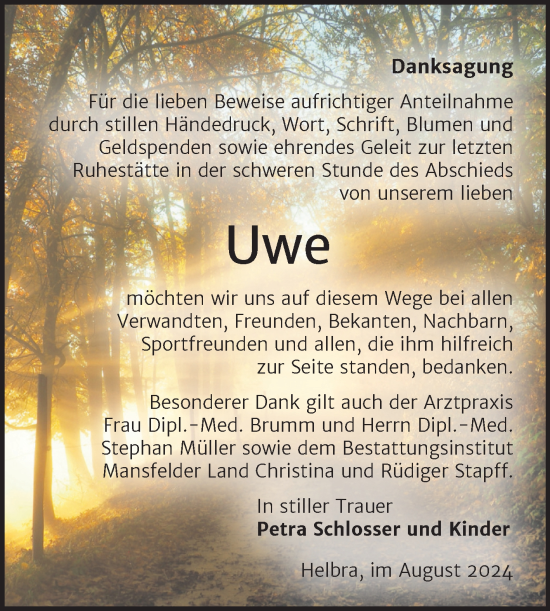 Traueranzeige von Uwe  von Trauerkombi Mansfelder Land