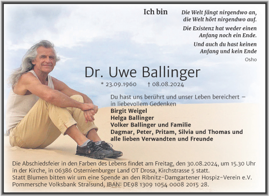 Traueranzeige von Uwe Ballinger von Trauerkombi Köthen