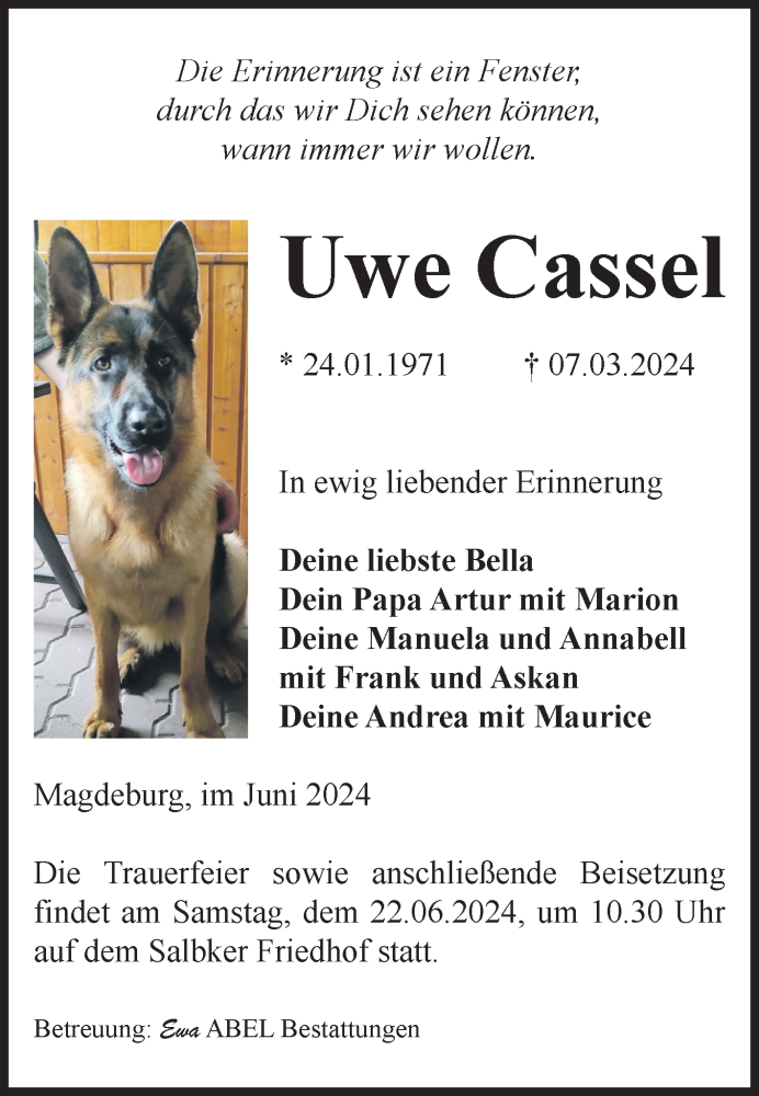  Traueranzeige für Uwe Cassel vom 15.06.2024 aus Volksstimme Magdeburg