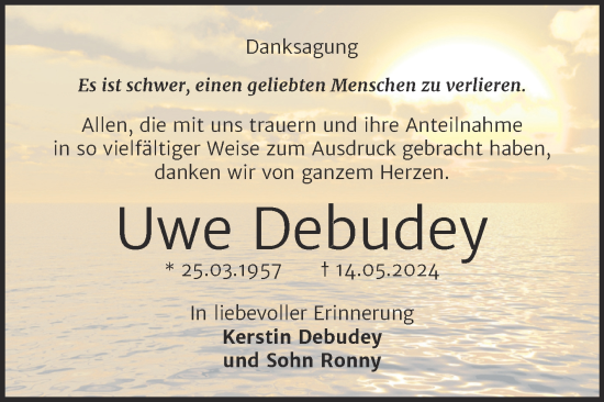 Traueranzeige von Uwe Debudey von Trauerkombi Dessau
