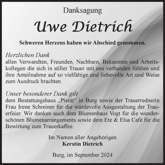 Traueranzeige von Uwe Dietrich von Volksstimme Burg/Genthin