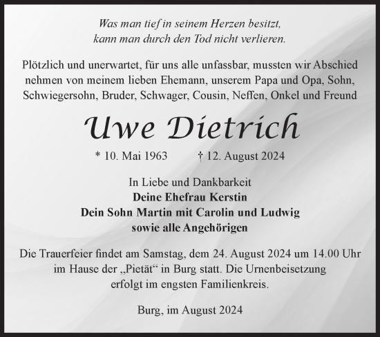 Traueranzeige von Uwe Dietrich von Volksstimme Burg/Genthin