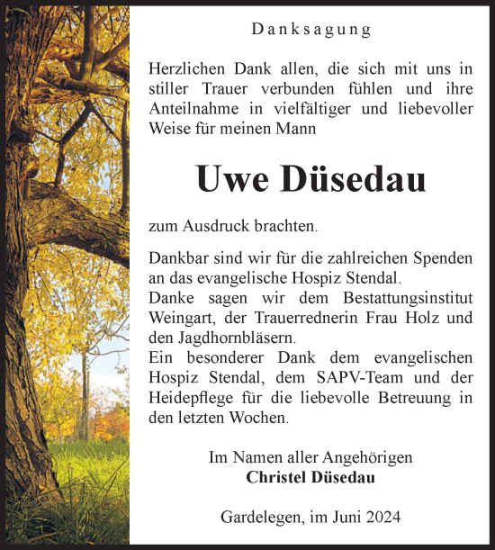 Traueranzeige von Uwe Düsedau von Volksstimme Altmark Ost