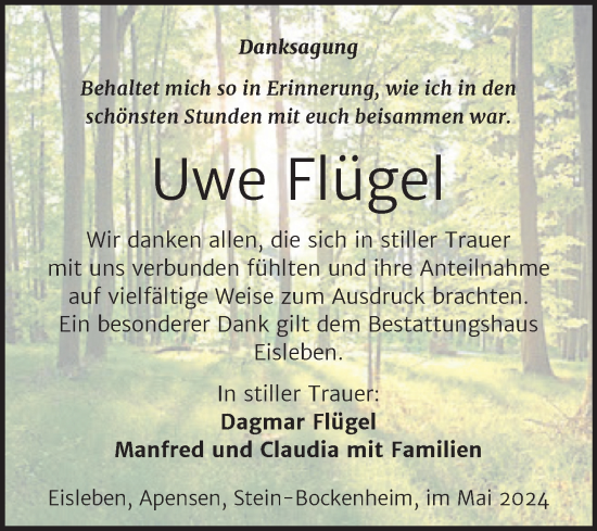 Traueranzeige von Uwe  Flügel von Super Sonntag Mansfelder Land