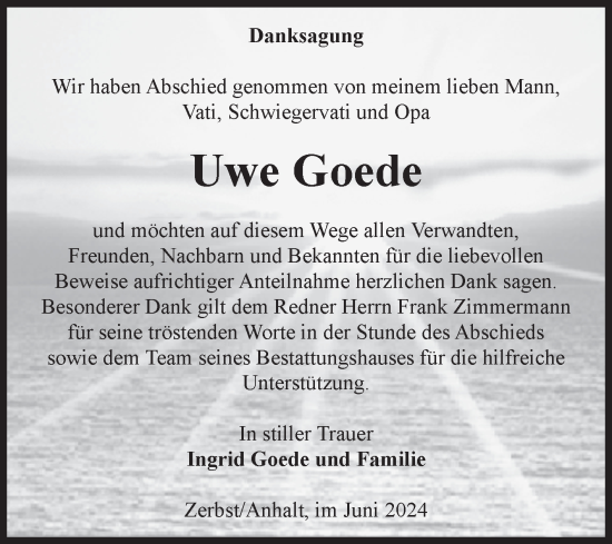 Traueranzeige von Uwe Goede von Volksstimme Zerbst