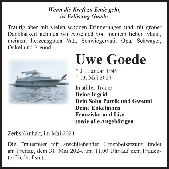 Traueranzeige von Uwe Goede von Volksstimme Zerbst