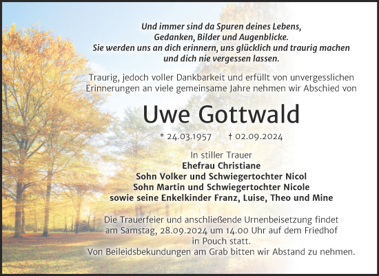 Traueranzeige von Uwe Gottwald von Trauerkombi Bitterfeld
