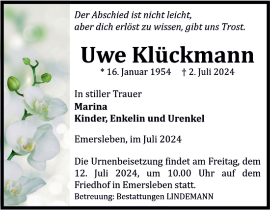Traueranzeige von Uwe Klückmann von Volksstimme Halberstadt