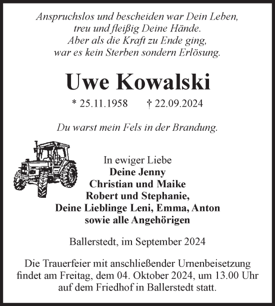 Traueranzeige von Uwe Kowalski von Volksstimme Altmark Ost