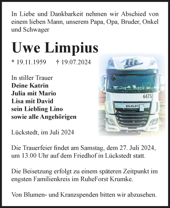 Traueranzeige von Uwe Limpius von Volksstimme Altmark Ost