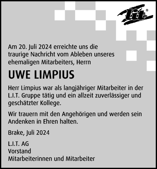 Traueranzeige von Uwe Limpius von Volksstimme Altmark Ost