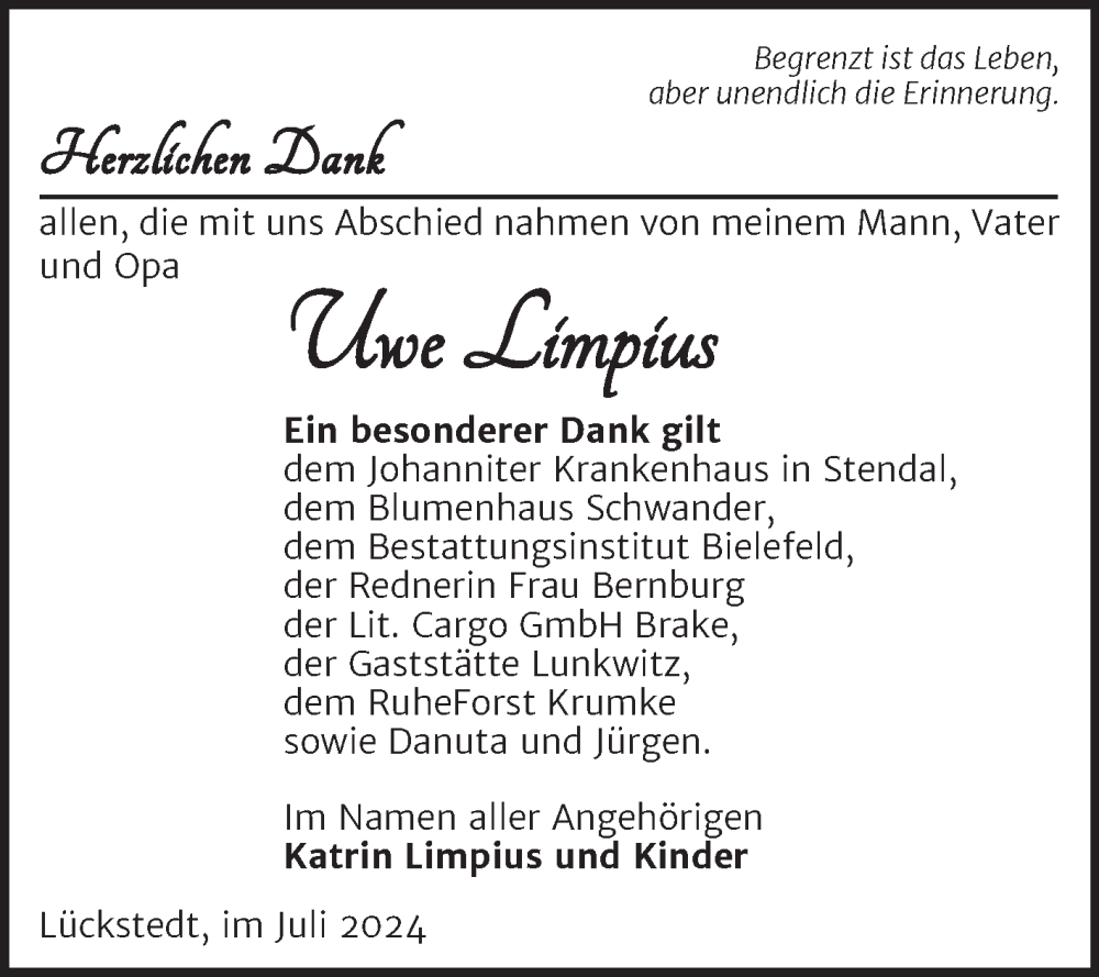  Traueranzeige für Uwe Limpius vom 14.08.2024 aus Volksstimme Altmark Ost