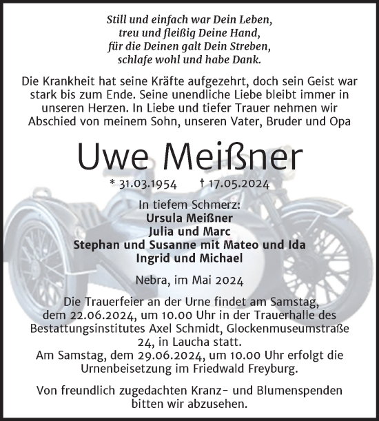 Traueranzeige von Uwe Meißner von Super Sonntag Naumburg/Nebra