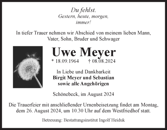 Traueranzeige von Uwe Meyer von Volksstimme Schönebeck