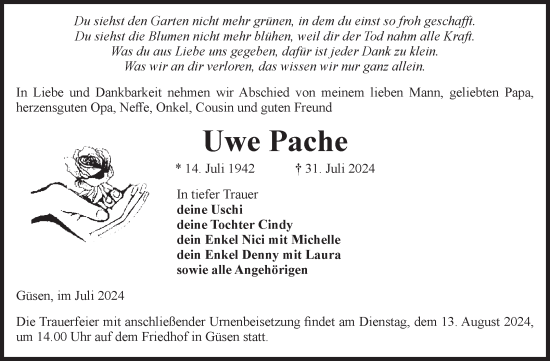 Traueranzeige von Uwe Pache von Volksstimme Burg/Genthin