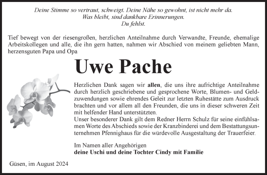 Traueranzeige von Uwe Pache von Volksstimme Burg/Genthin