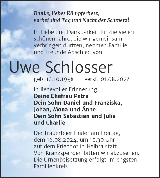 Traueranzeige von Uwe Schlosser von Trauerkombi Mansfelder Land