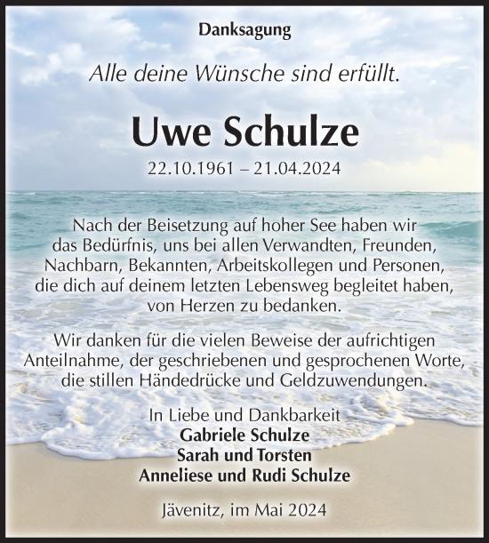 Traueranzeige von Uwe Schulze von Volksstimme Altmark Ost