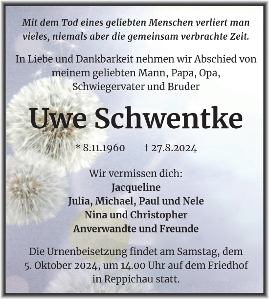 Traueranzeige von Uwe Schwentke von Trauerkombi Köthen