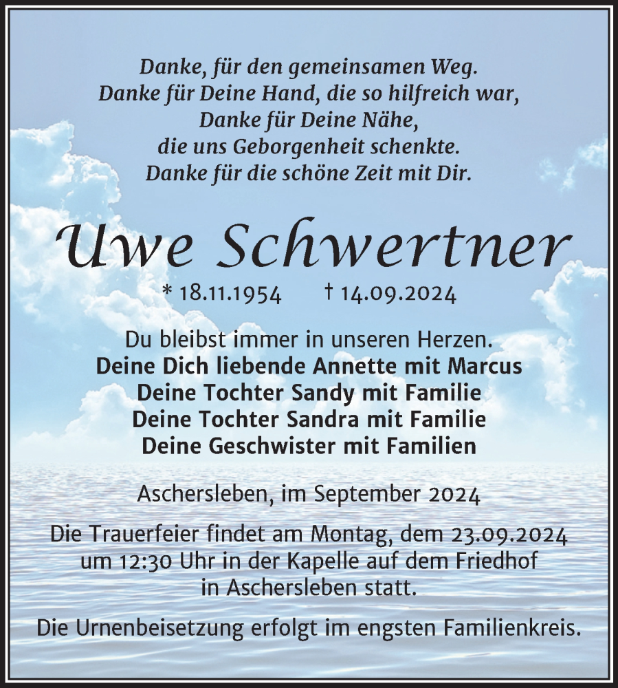  Traueranzeige für Uwe Schwertner vom 18.09.2024 aus Trauerkombi Aschersleben