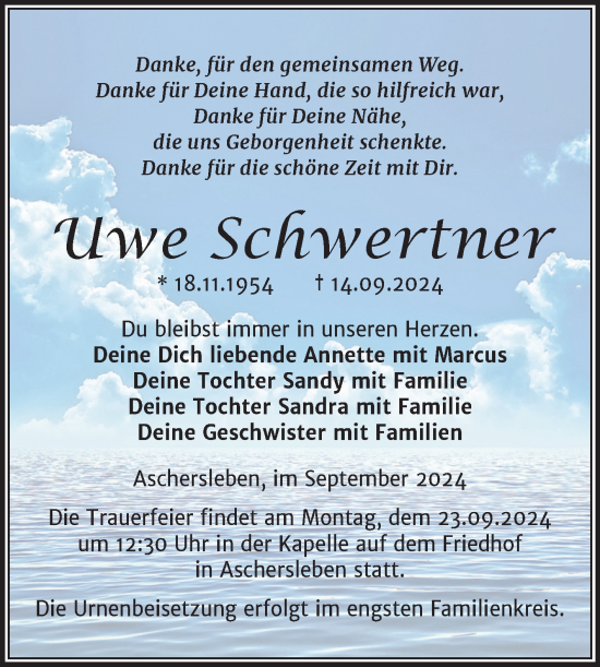 Traueranzeige von Uwe Schwertner von Trauerkombi Aschersleben