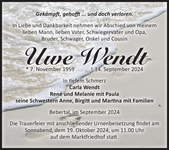 Traueranzeige von Uwe Wendt von Volksstimme Haldensleben/Wolmirstedt