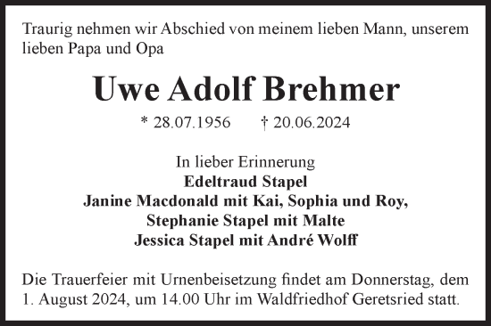 Traueranzeige von Uwe Adolf Brehmer von Volksstimme Altmark Ost