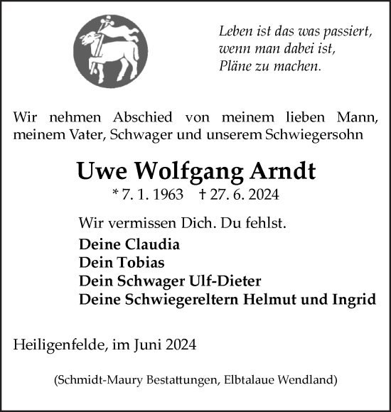 Traueranzeige von Uwe Wolfgang Arndt von Volksstimme Altmark Ost