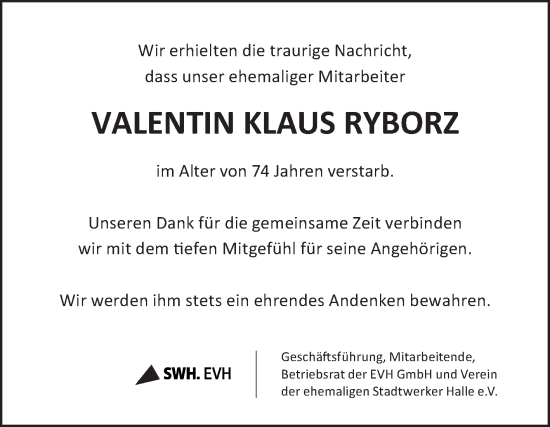 Traueranzeige von Valentin Klaus Ryborz von Mitteldeutsche Zeitung Halle/Saalkreis