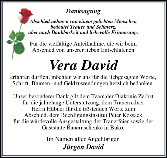 Traueranzeige von Vera David von Trauerkombi Wittenberg