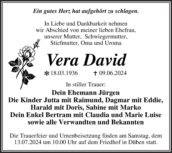 Traueranzeige von Vera David von Trauerkombi Wittenberg