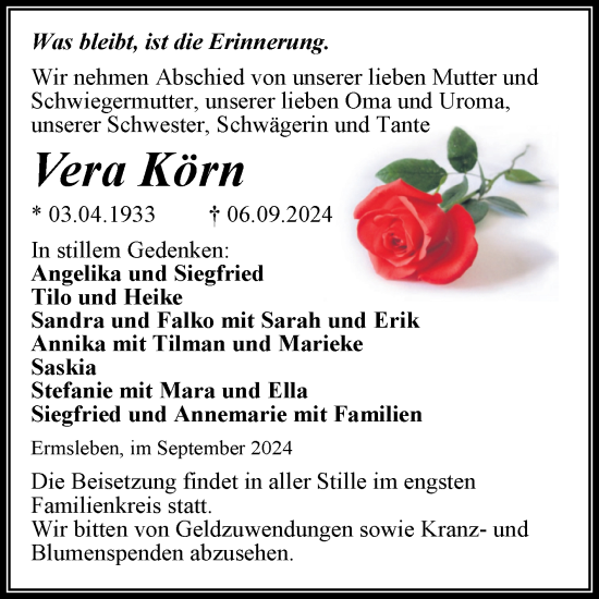 Traueranzeige von Vera Körn von Trauerkombi Aschersleben